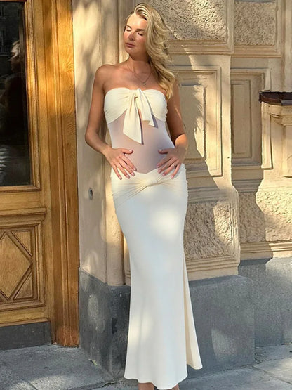 שמלת מקסי אלגנטית סטרפלס- סילבר